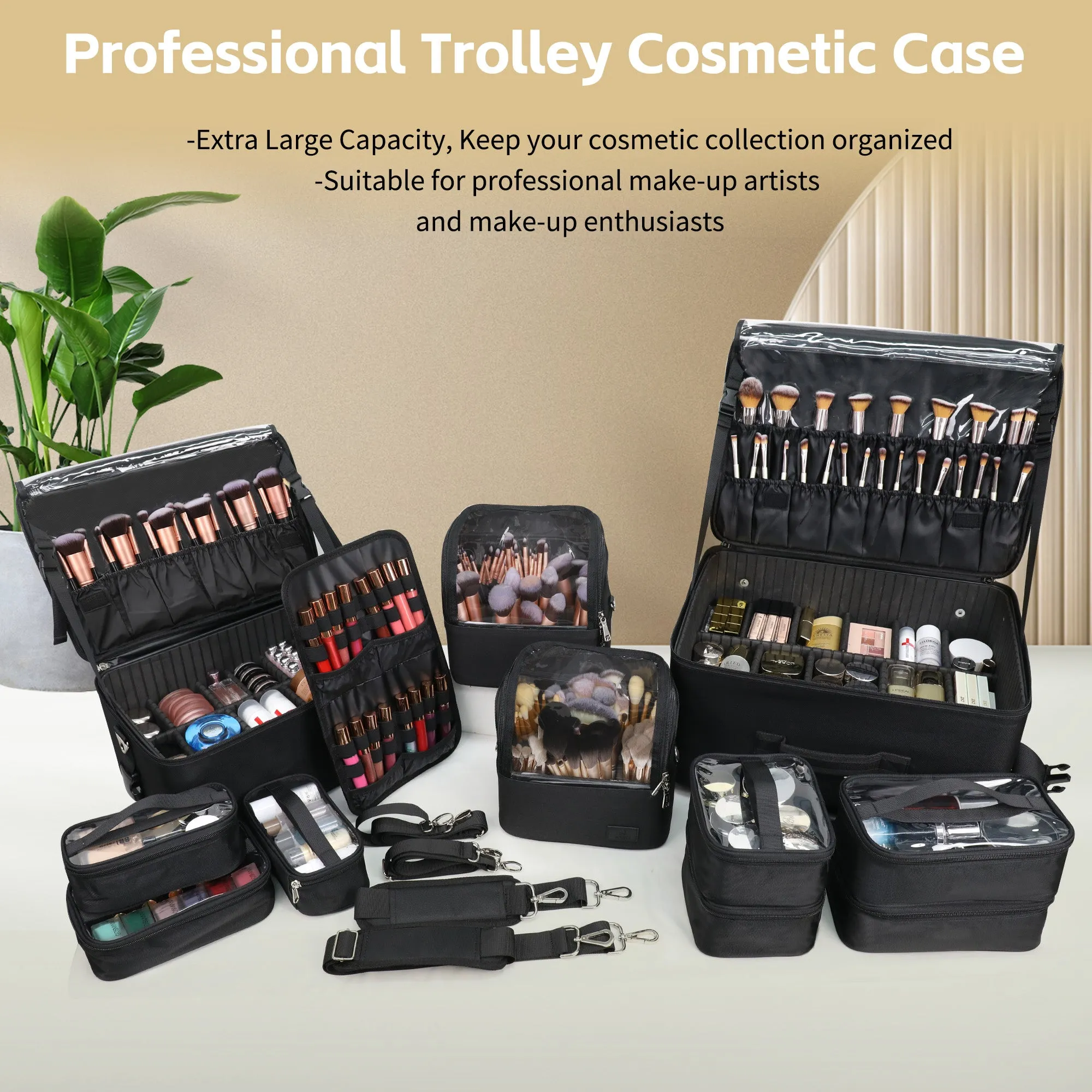New 360° Rolling Extra Large 4 in 1 Makeup Case with 7 Small Bag and lipstick panels